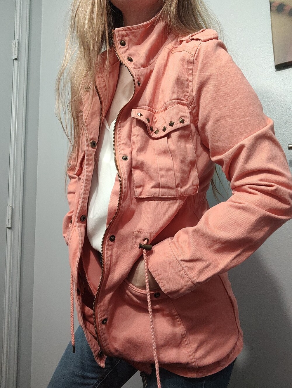 Forever 21 salmon coat field utility military parka jacket overcoat cotton S